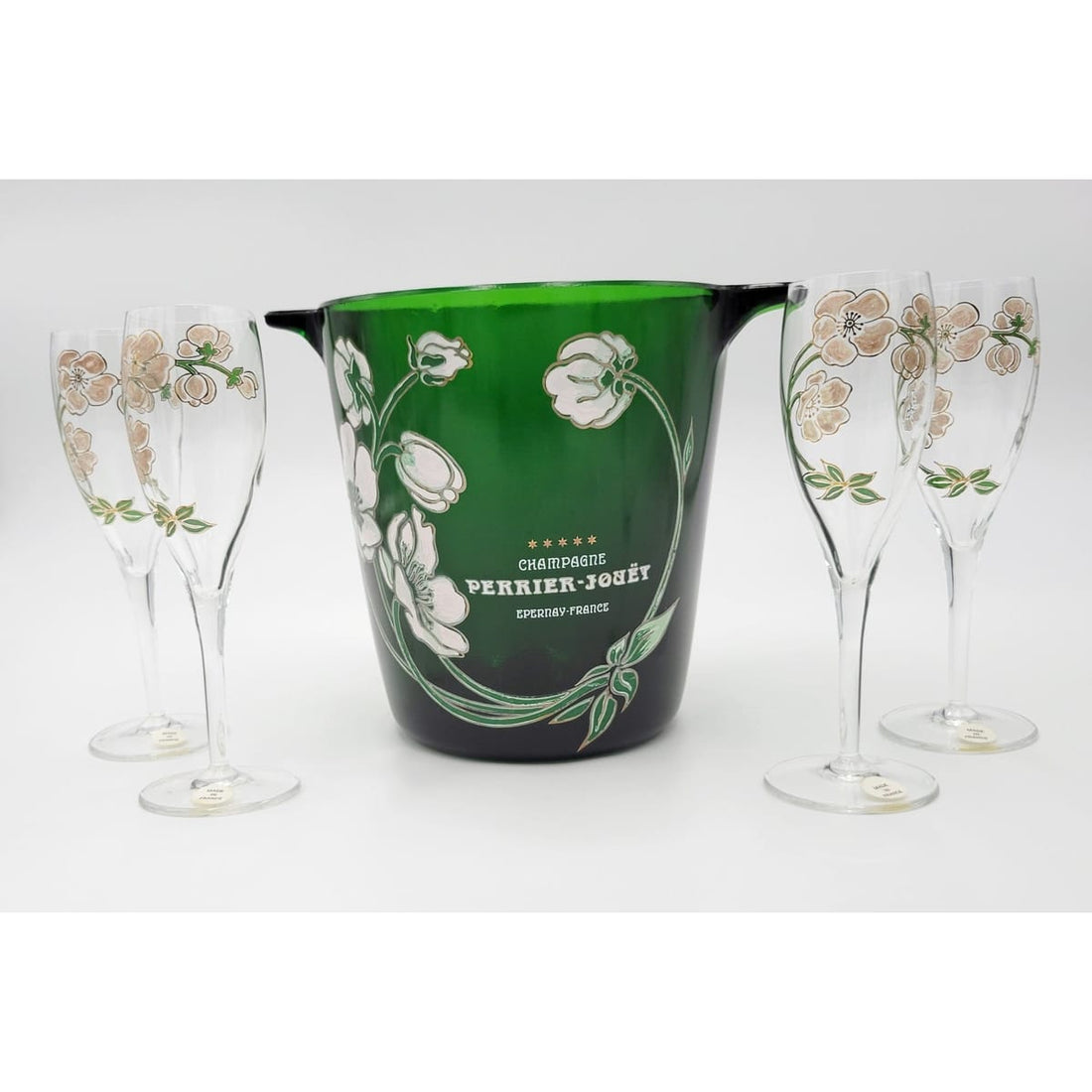 Perrier Jouet France Barware Perrier Jouet France Glass Hand-Painted Champagne Chiller Flute Set 1960s IOB
