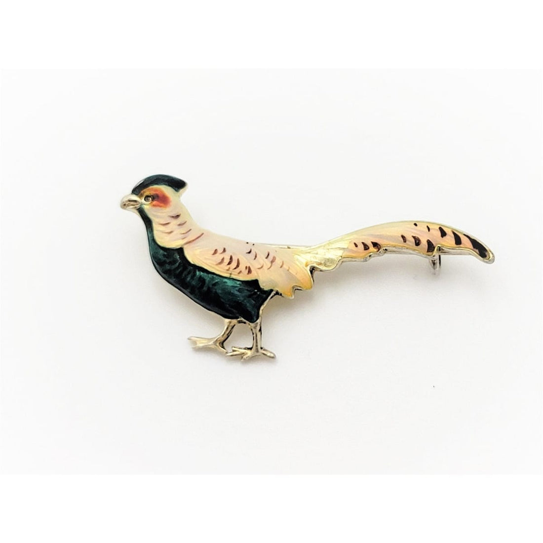 Pheasant Jewelry Vintage Gilt 925SS &amp; Multi-Colored Guilloche Enamel 3-D Pheasant Brooch SIGNED
