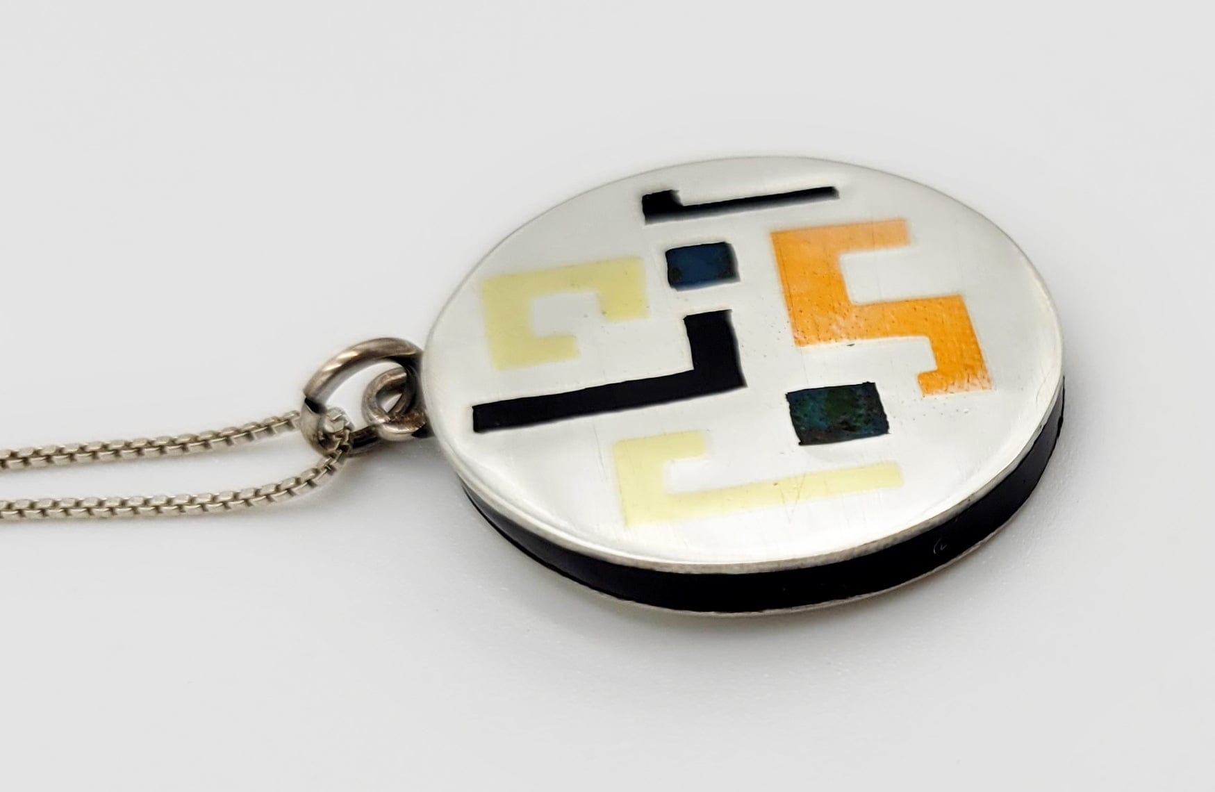 Popowski Taxco Jewelry Popowski Taxco Sterling Mixed Metals Enamel Stone Abstract Mod Necklace 1950's