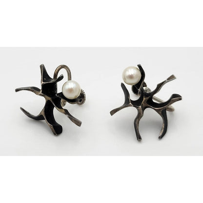 Ronald Hayes Pearson Jewelry Designer Ronald Hayes Pearson Sterling Pearl Abstract Modernist Earrings 1960s