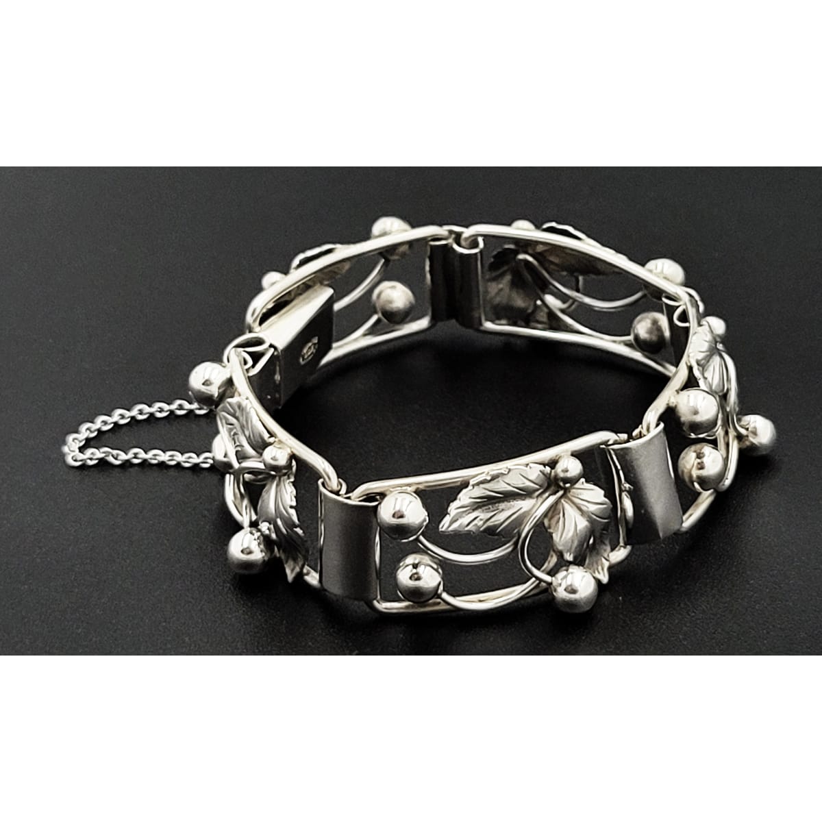 S. Christian Fogh Jewelry Denmark SC Fogh Art Deco 3D Leaves Berries Sterling Panel Bracelet 1950s