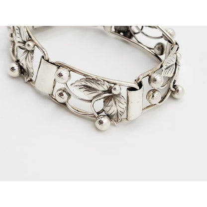 S. Christian Fogh Jewelry Denmark SC Fogh Art Deco 3D Leaves Berries Sterling Panel Bracelet 1950s