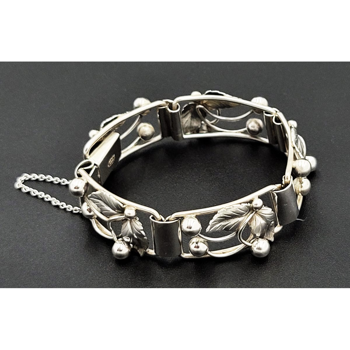 S. Christian Fogh Jewelry Denmark SC Fogh Art Deco 3D Leaves Berries Sterling Panel Bracelet 1950s