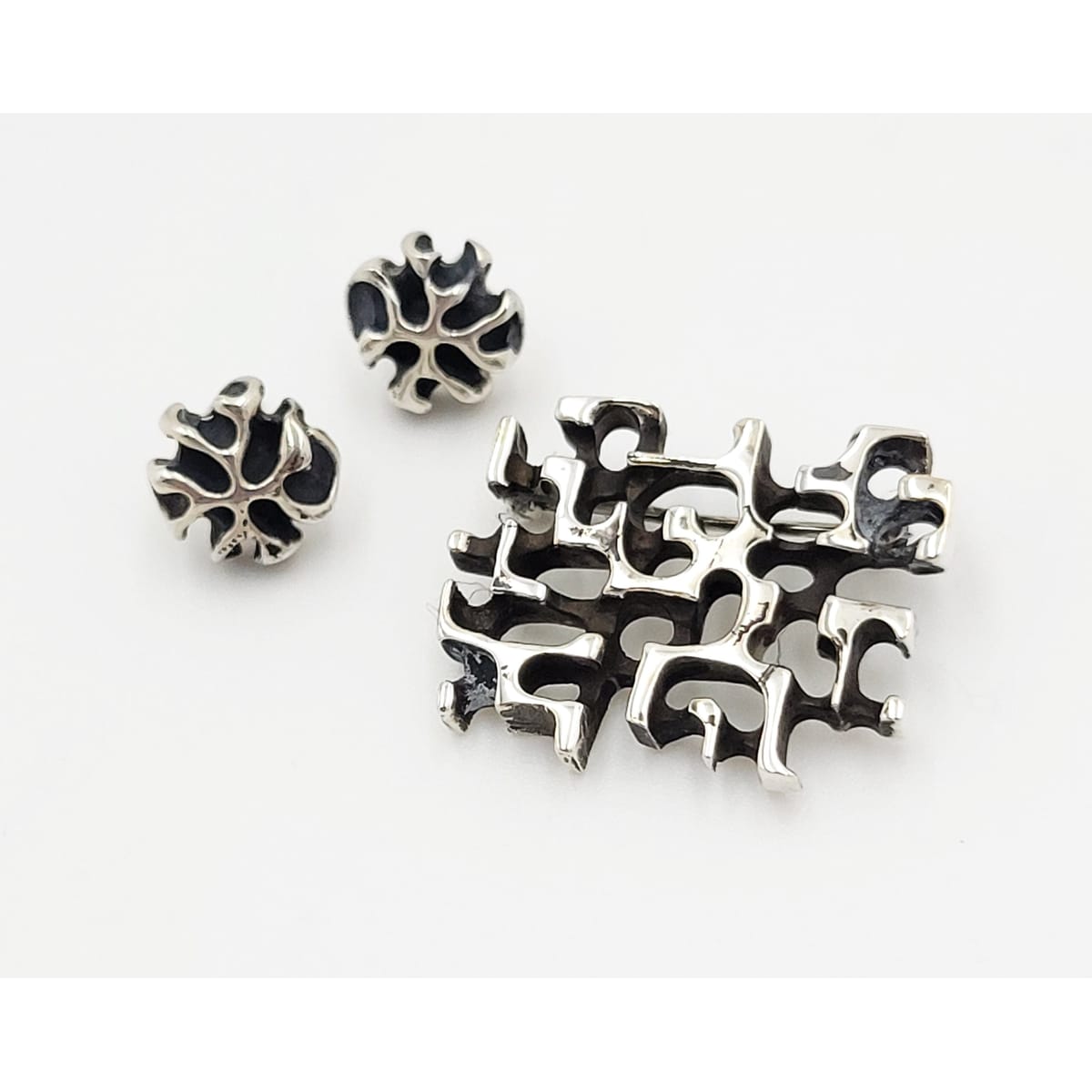 Secrest Jewelry Rare Sterling Silver Abstract Modernist Brutalist Brooch Earring Set by Secrest