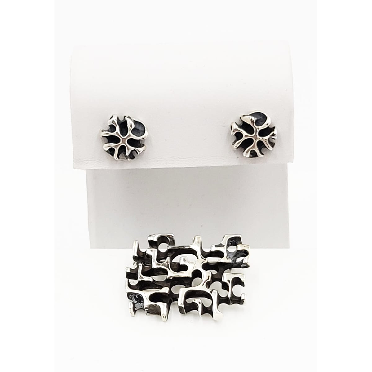 Secrest Jewelry Rare Sterling Silver Abstract Modernist Brutalist Brooch Earring Set by Secrest