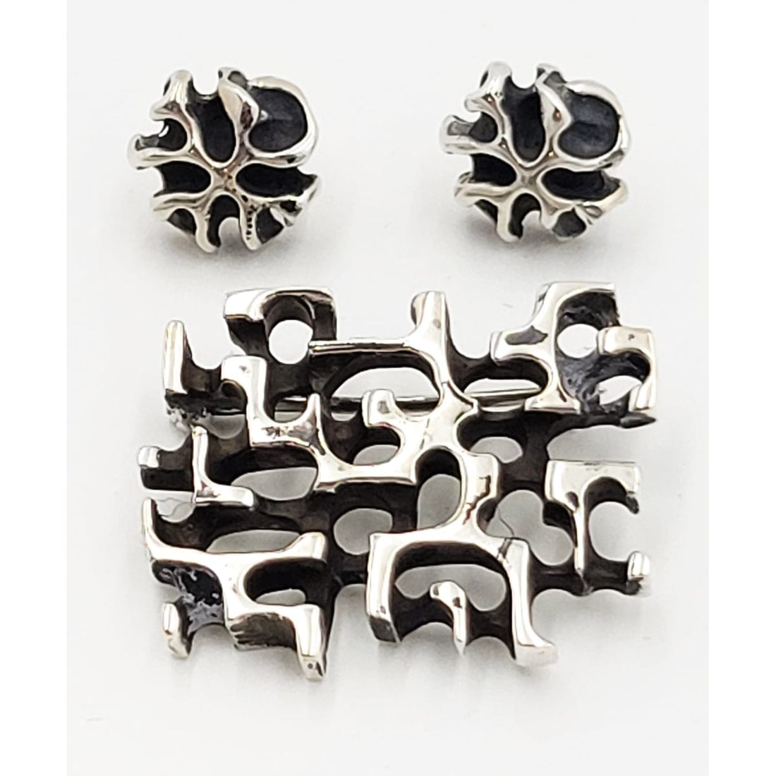 Secrest Jewelry Rare Sterling Silver Abstract Modernist Brutalist Brooch Earring Set by Secrest