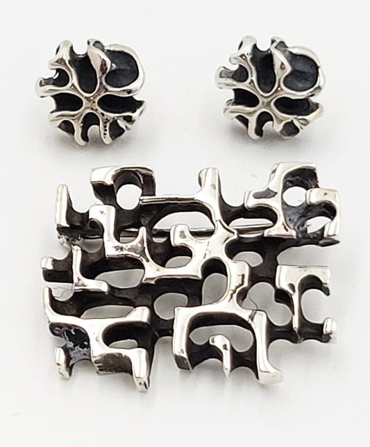 Secrest Jewelry Rare Sterling Silver Abstract Modernist Brutalist Brooch Earring Set by Secrest