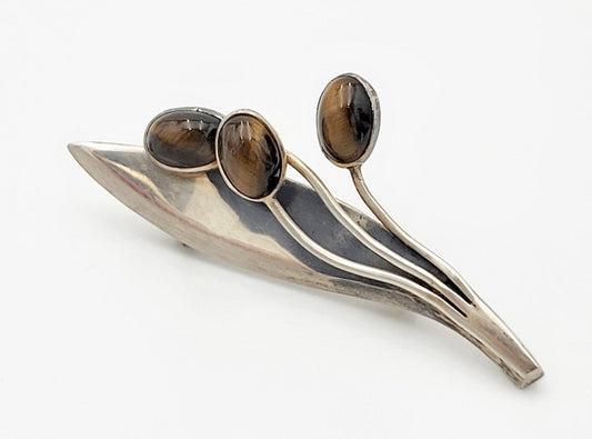 Sigi Tasco Jewelry Designer Sigi Pineda Taxco Modernist Sterling Tiger's Eye Floral Brooch Circa 1950's