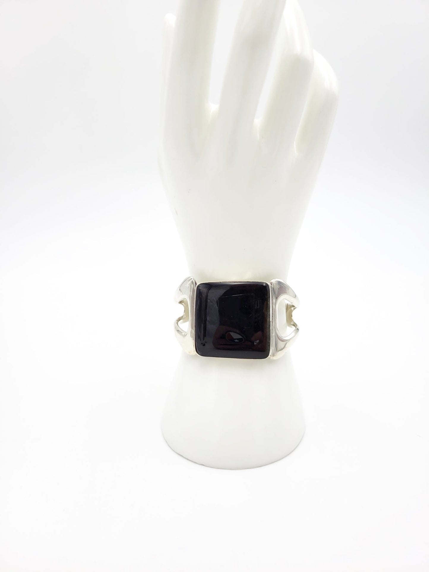 Sigi Tasco Jewelry Superb Sigi Tasco Taxco MASSIVE Sterling Black Obsidian Dbl Hinged Bracelet 50/60s