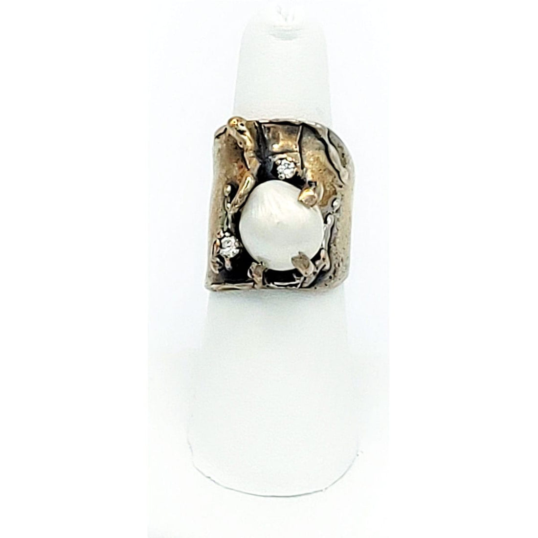 Simenda Jewelry Vintage 925SS - Baroque Pearl - White Topaz Large Artisan Brutalist Cocktail Ring