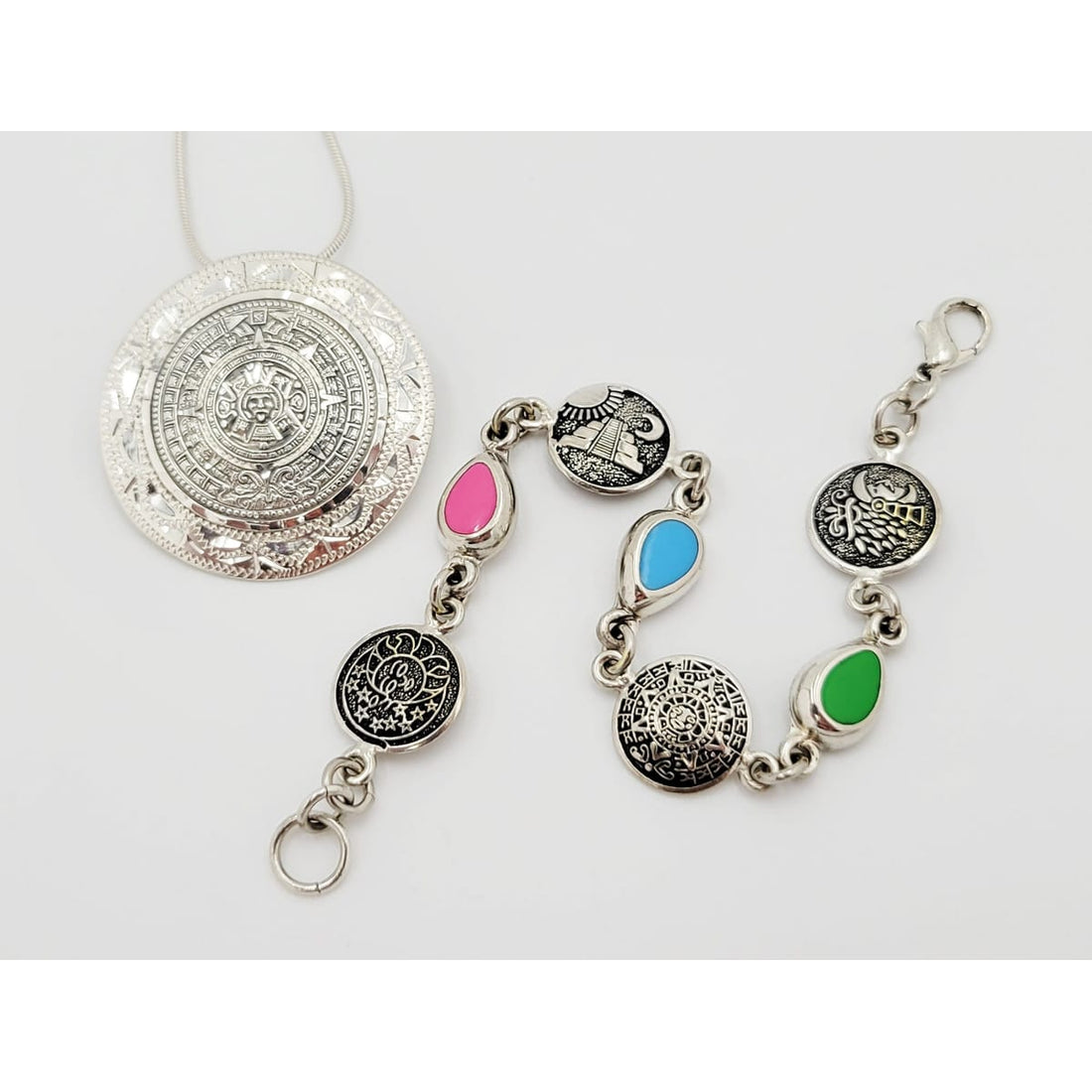 Stain Glass Bracelet Necklace Set Jewelry Vintage Taxco Multi-Stone Mayan Calendar Necklace and Bracelet Set