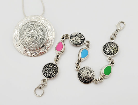Stain Glass Bracelet Necklace Set Jewelry Vintage Taxco Multi-Stone Mayan Calendar Necklace and Bracelet Set