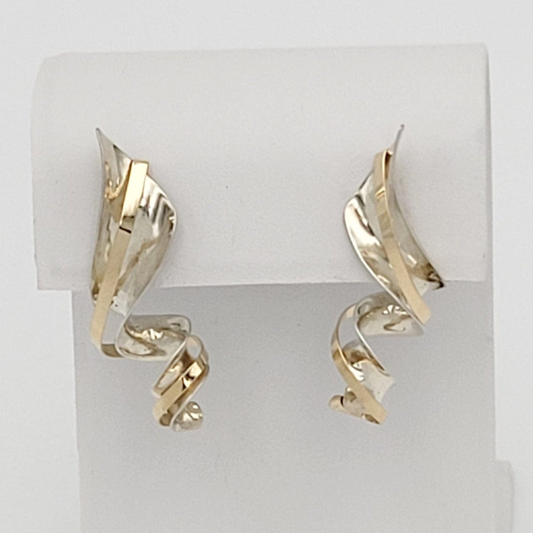 Sterling Jewelry Artisan Sterling &amp; 14K Gold Abstract Modernist Earrings Signed