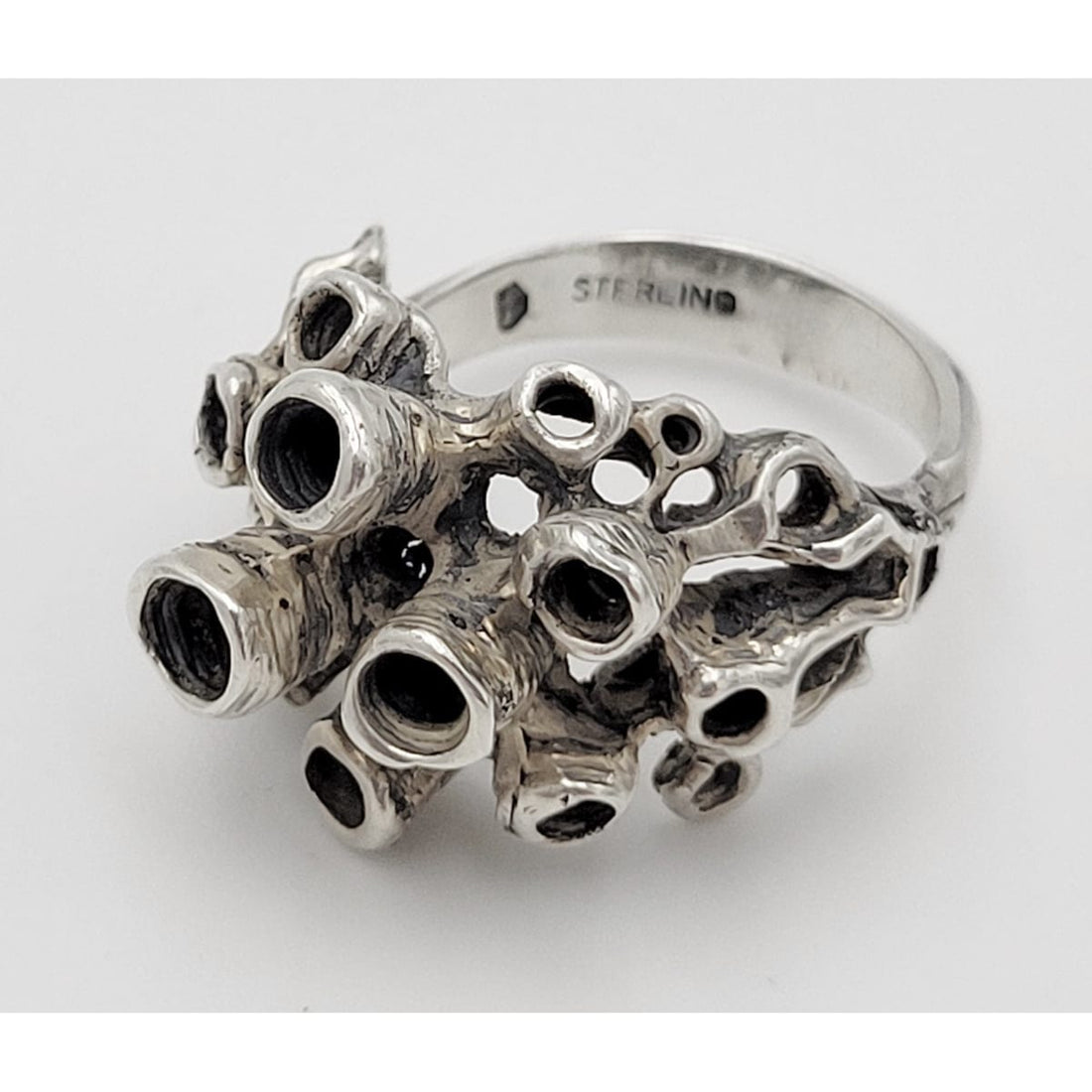 Sterling Jewelry Vintage Sterling Abstract Modernist 3-D Sea Coral Reef Design Cocktail Ring Signed