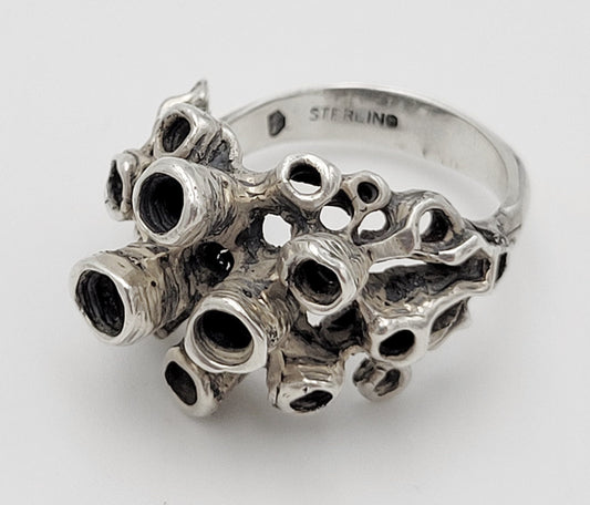 Sterling Jewelry Vintage Sterling Abstract Modernist 3-D Sea Coral Reef Design Cocktail Ring Signed