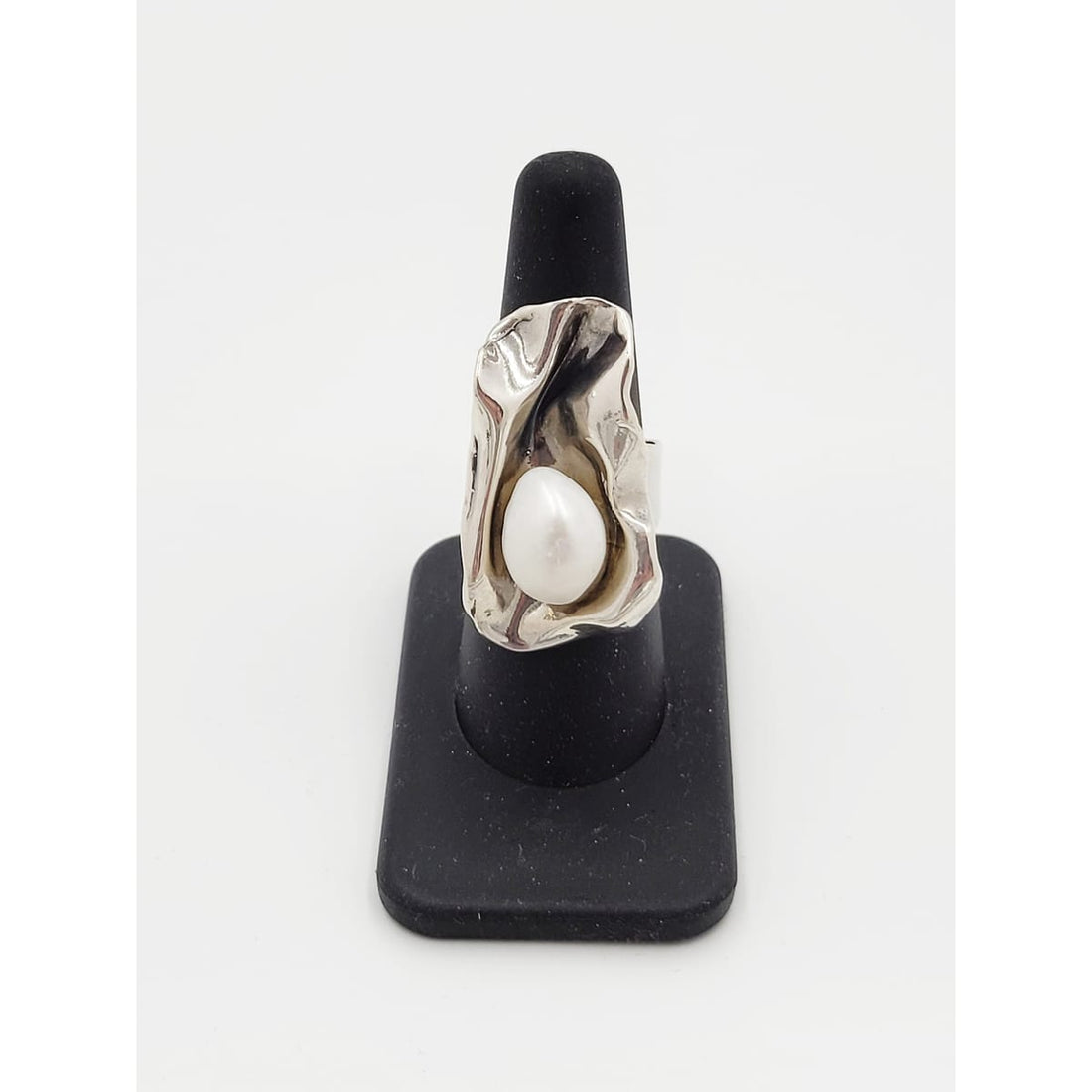 Sterling Ring Jewelry Vintage Sterling Silver &amp; Pearl Large Bold Abstract Modernist Cocktail Ring