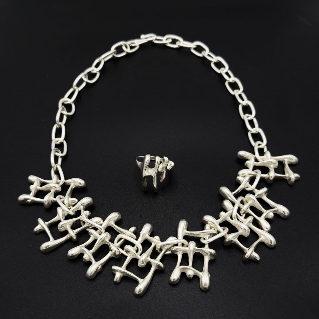 Sterling Silver Jewelry VNTG Artisan Solid Sterling Abstract Modernist Linked Necklace Ring SET