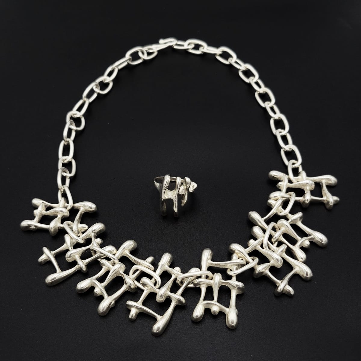 Sterling Silver Jewelry VNTG Artisan Solid Sterling Abstract Modernist Linked Necklace Ring SET