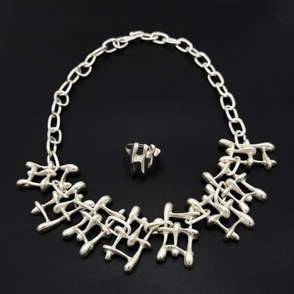 Sterling Silver Jewelry VNTG Artisan Solid Sterling Abstract Modernist Linked Necklace Ring SET