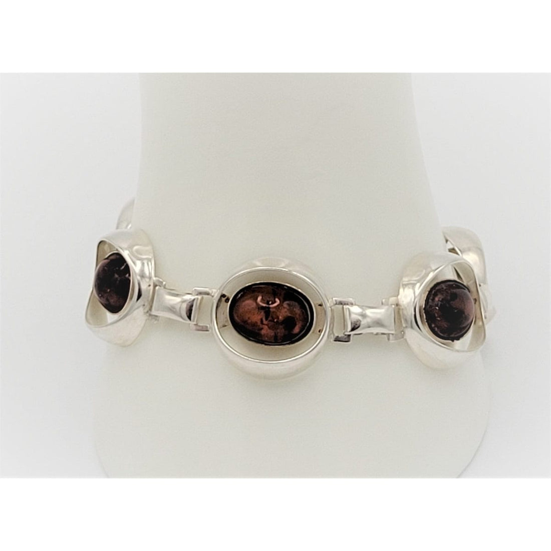 Sweden Sterling Jewelry Vintage 835 Sterling Silver &amp; Amber Cabochon 3-D Modernist Swedish Bracelet