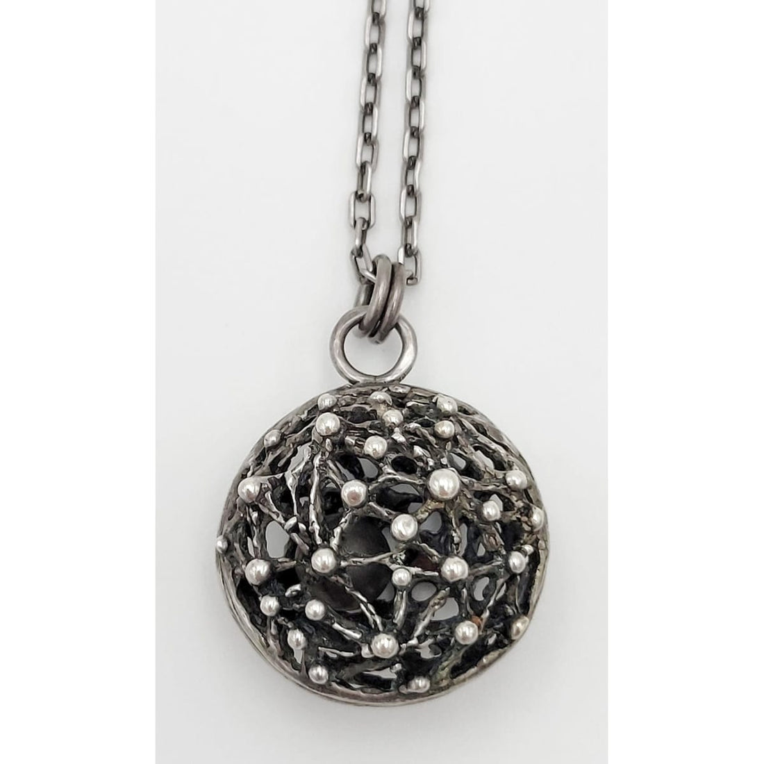 Heribert Engelbert Jewelry Swedish AB Heribert Engelbert Brutalist 3D Orb w/ Bell Sterling Necklace Circa 1969