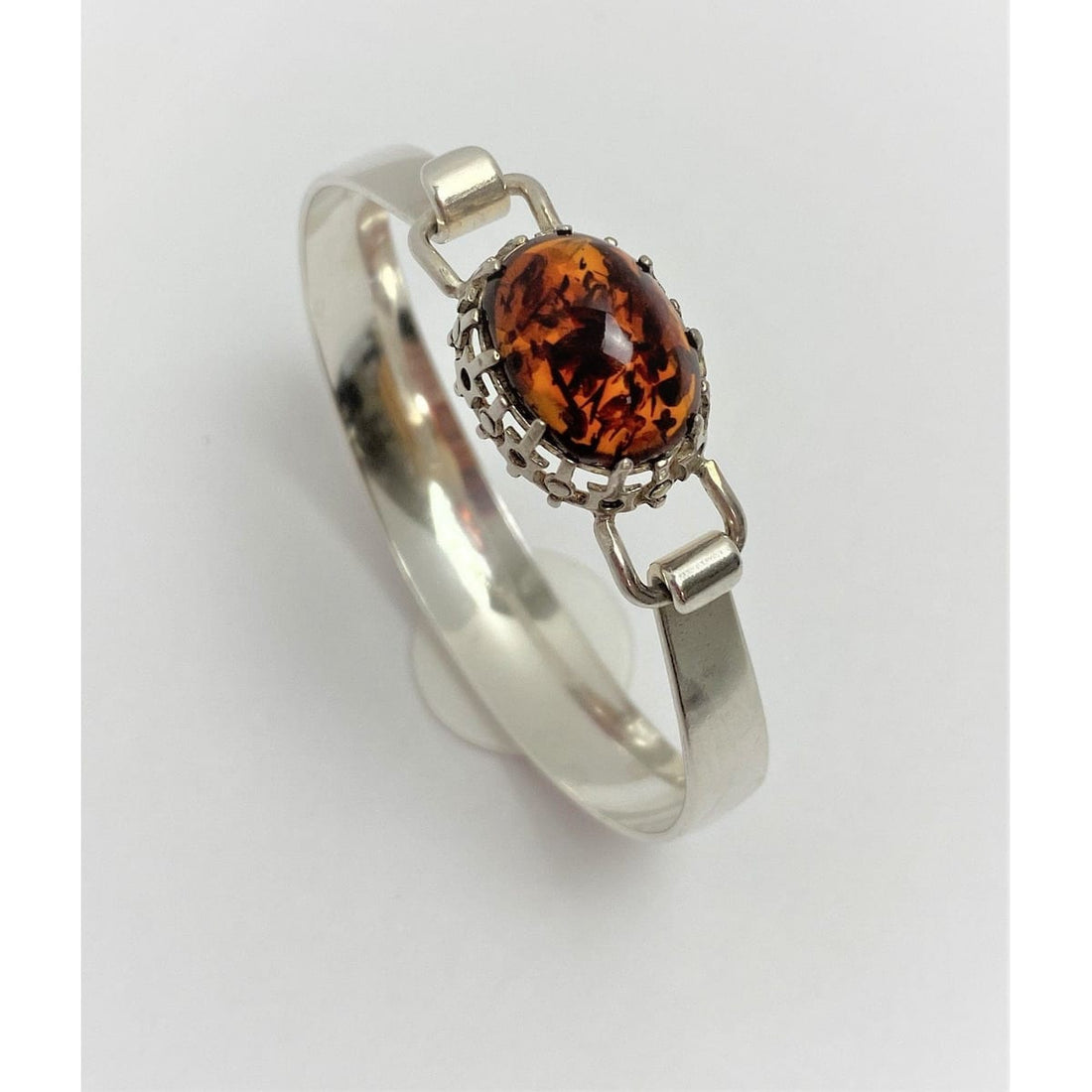 Swedish Silver Jewelry VNTG Scandinavian Sweden 835 Sterling &amp; Amber Top Latch Bangle Bracelet 40s-50s