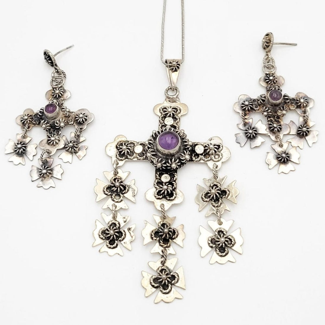 Taxco Jewelry Taxco Sterling &amp; Amethyst Monumental Yalalag Necklace Earrings SET Circa 1980s
