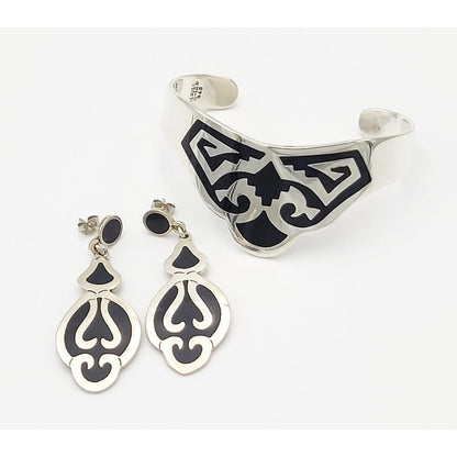 Taxco Sterling Jewelry Vintage Taxco Designer Abstract Modernist Sterling Enamel Bracelet Earring Set