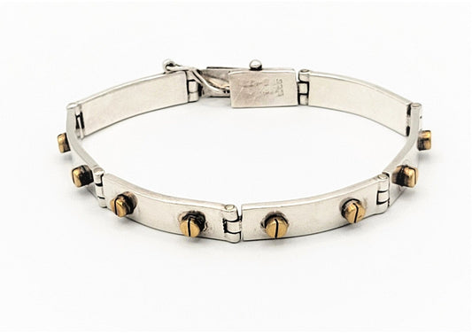 Taxco Sterling Jewelry Vintage Taxco Designer Sterling Silver & Brass Modernist Panel Links Bracelet