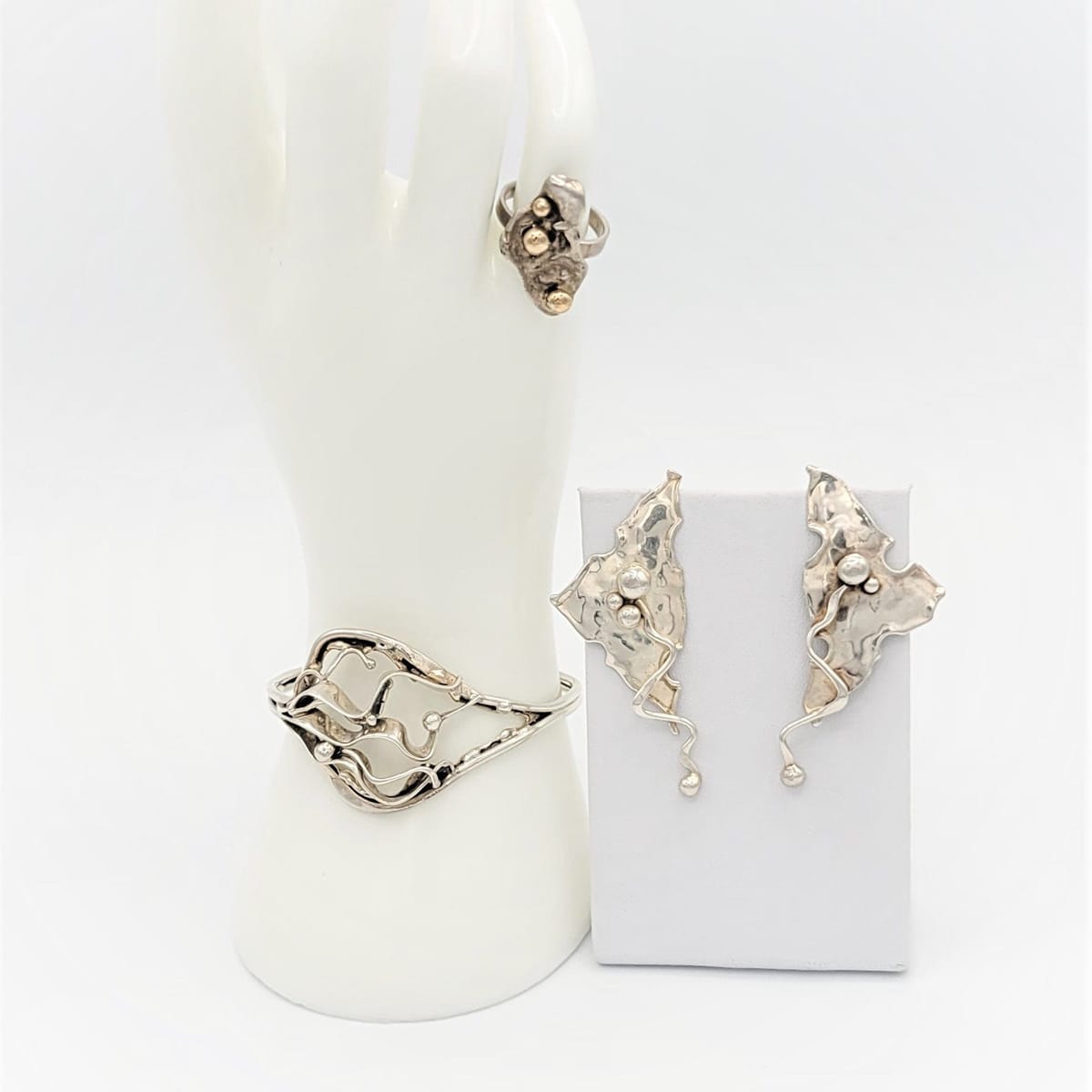 TJM Sterling Jewelry USA Designers TJM Sterling 14kt Abstract Modernist Earrings Ring Bracelet SET &