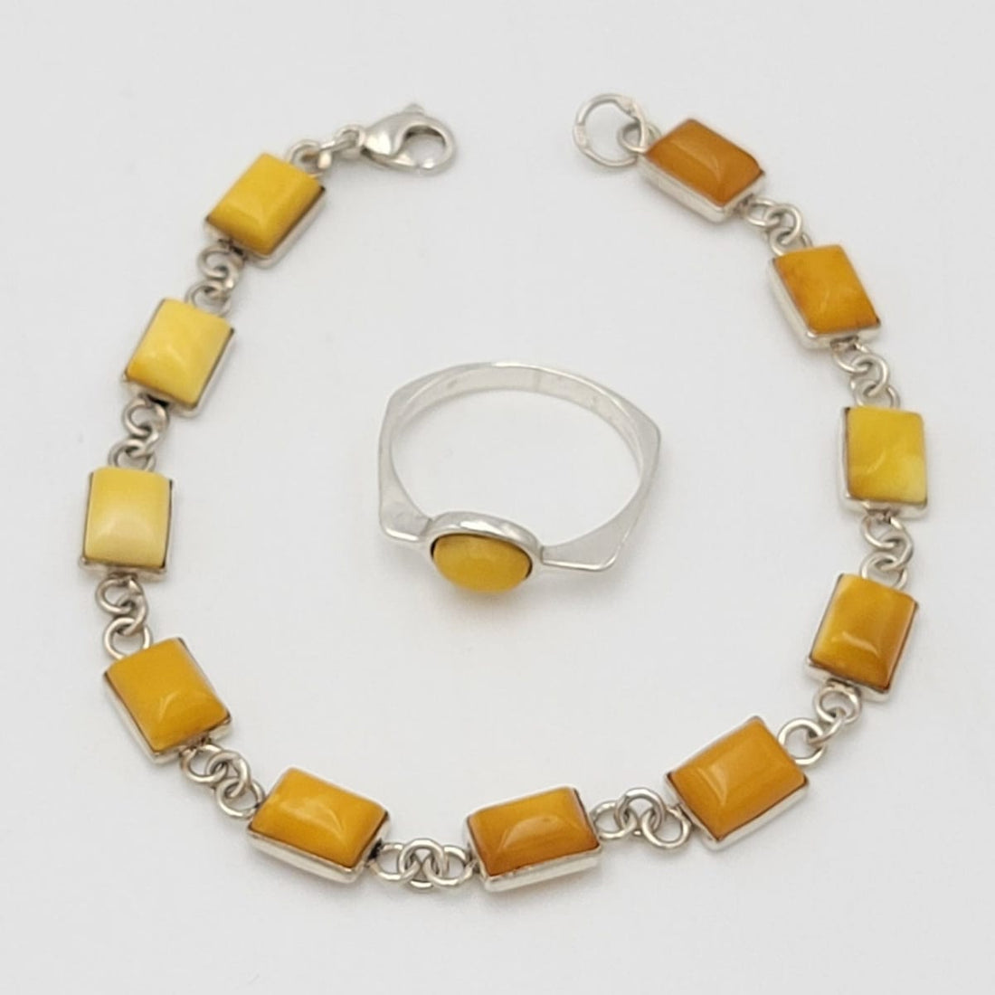 TMHM Jewelry Vintage Sterling Silver Butterscotch Amber Ring Bracelet Set