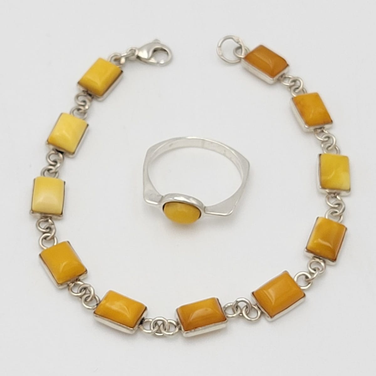 TMHM Jewelry Vintage Sterling Silver Butterscotch Amber Ring Bracelet Set