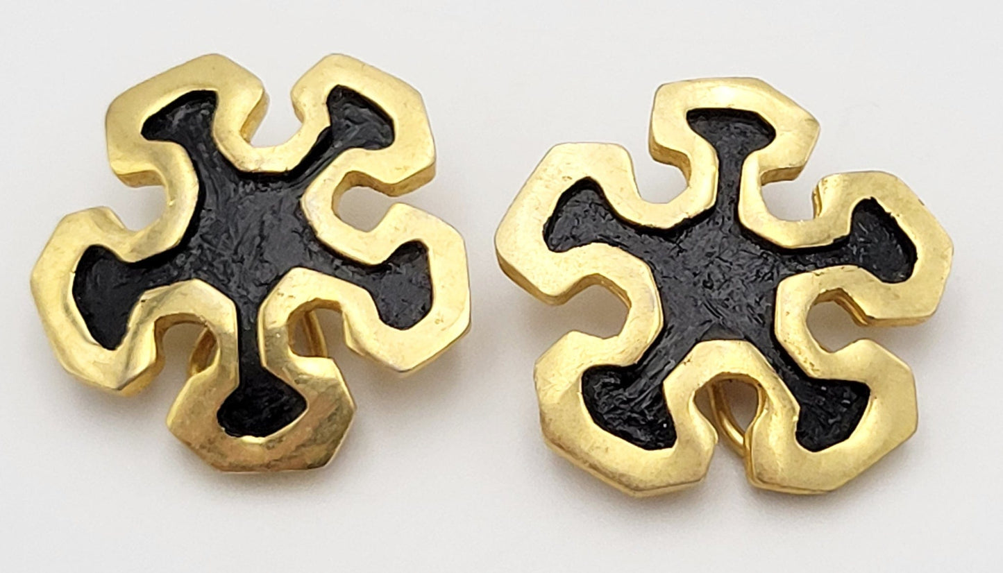 Tortolani Italy Jewelry Tortolani Italy Gold & Black Enamel Flower Couture Runway Earrings 1980s