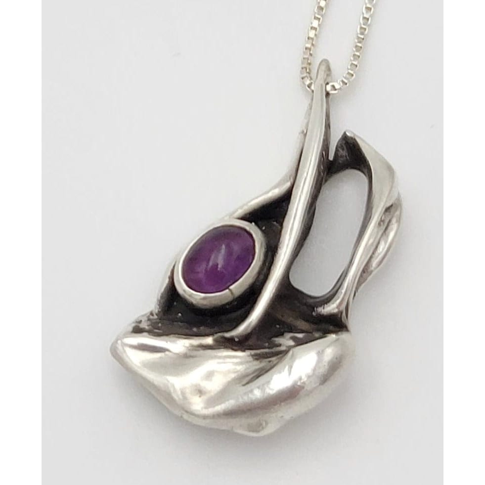 Trendy MCM Home Jewelry Vintage Designer Artisan Sterling &amp; Amethyst Abstract Modernist Pendant Necklace