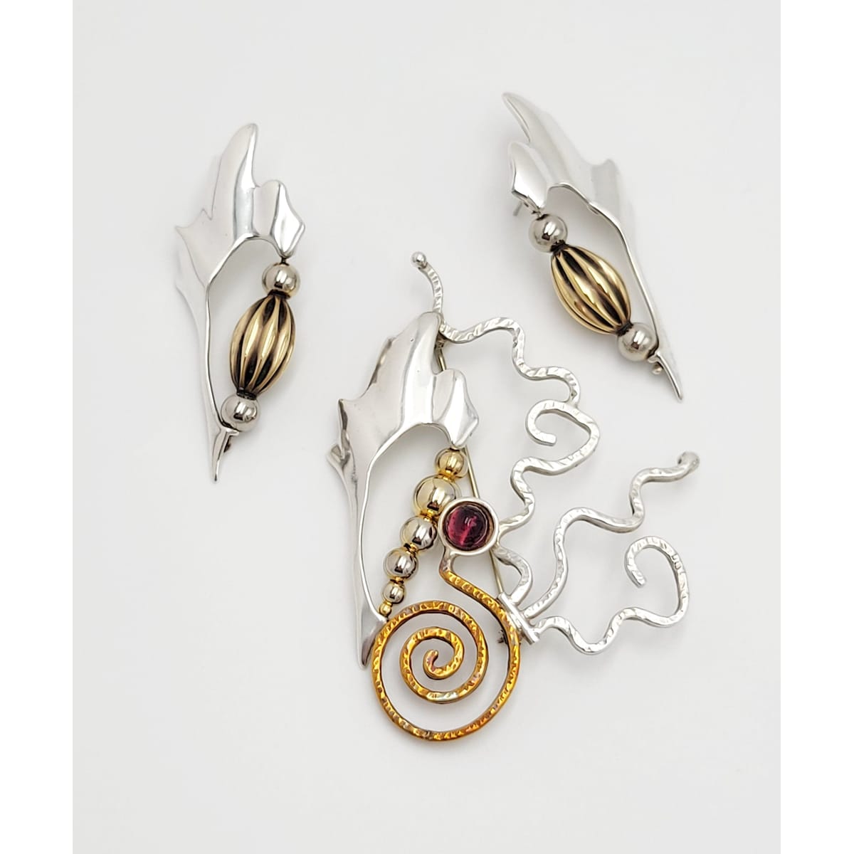 VB Sterling Jewelry Artisan VB Abstract Sterling Mixed Metal &amp; Glass XL Brooch Earrings Set 80/90s