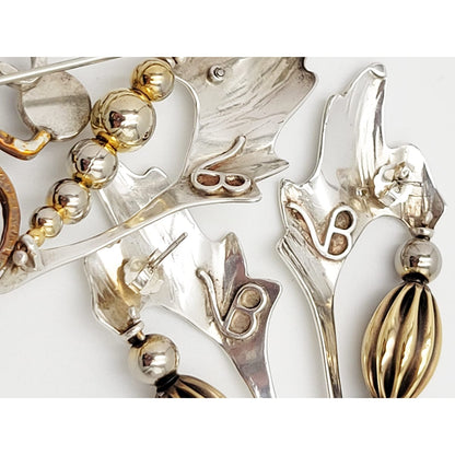 VB Sterling Jewelry Artisan VB Abstract Sterling Mixed Metal &amp; Glass XL Brooch Earrings Set 80/90s