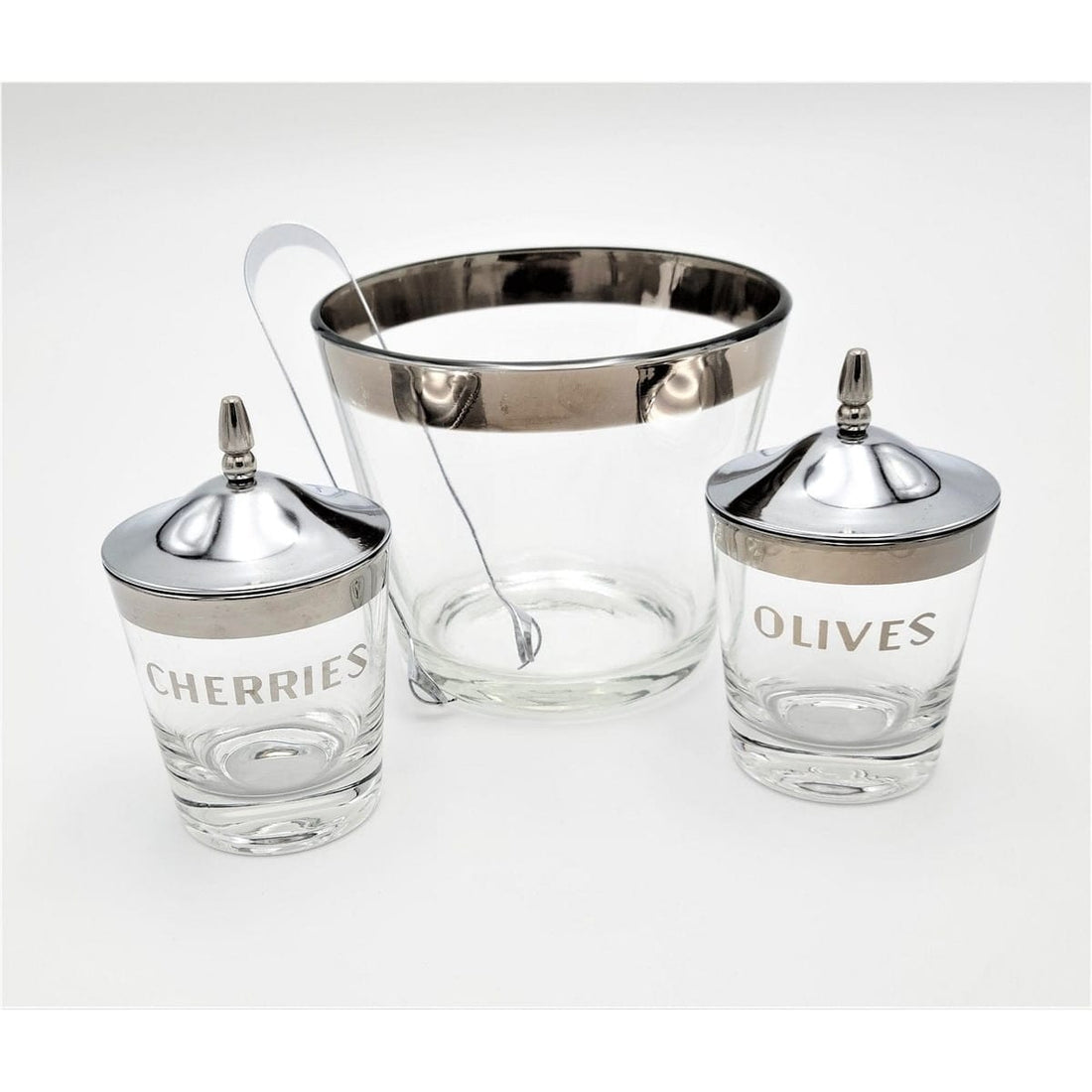 Vintage Barware Barware Vintage Glass Silver Rim Ice Bucket w/ Matching Lidded Olives Cherries Condiment Jars