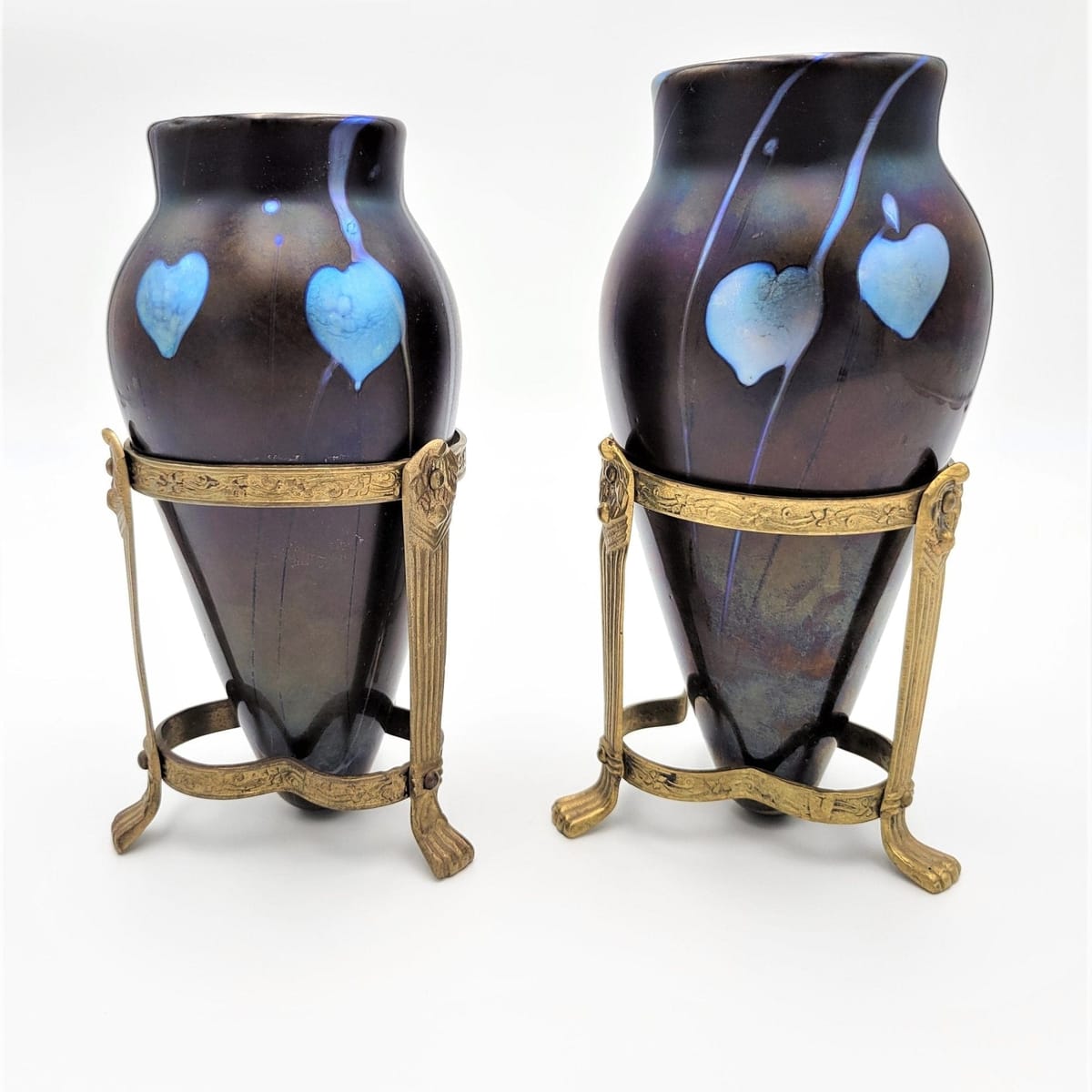 Vintage Iridescent Glass Vase SET/2 Kralik Art Nouveau Banded Iridescent Blown Glass Vases w/Stands 1900-1910s