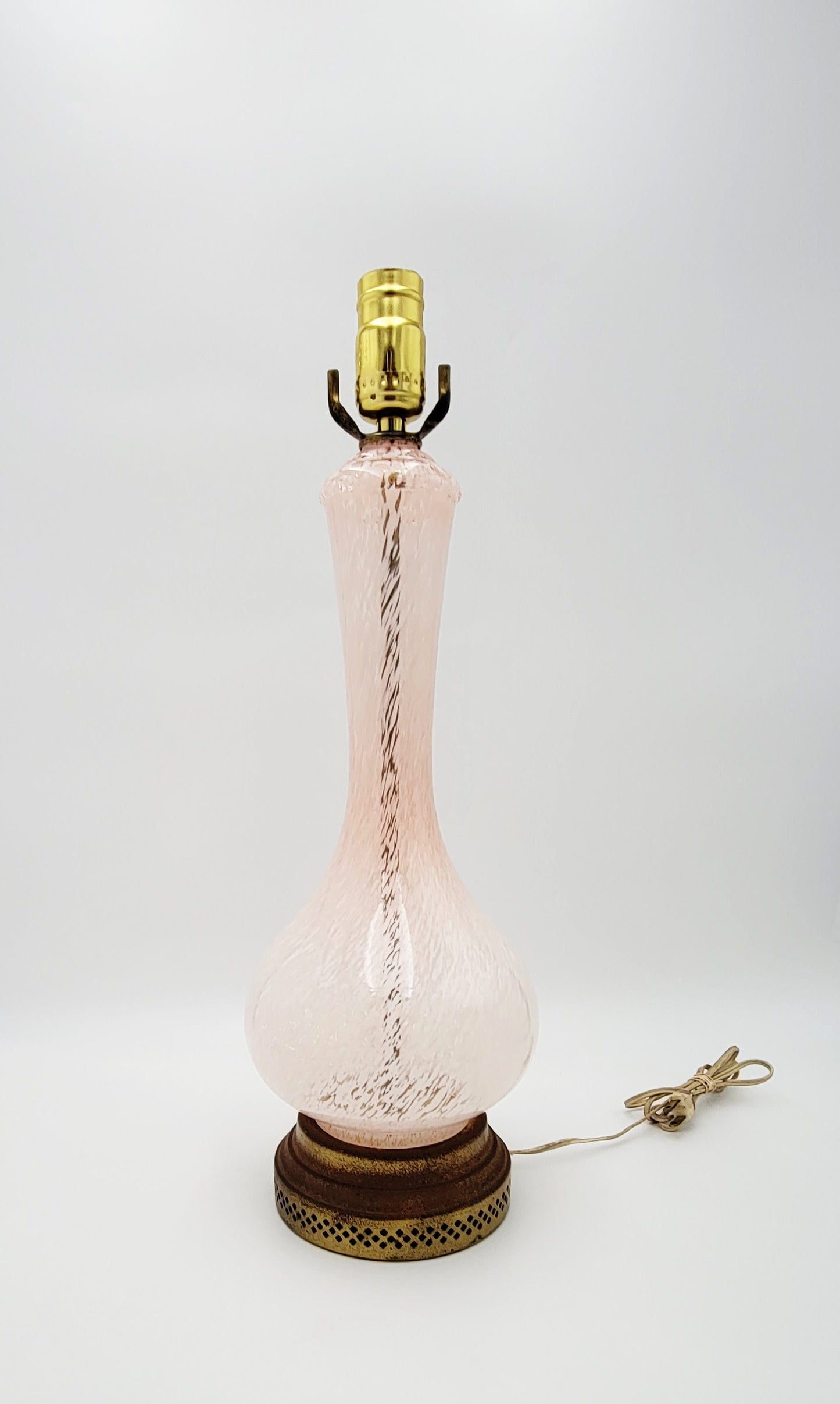 Vintage Murano Italy Lamp Lighting MCM Italian Brass and Murano Blown Glass Pink White Snow Flurry Table Lamp
