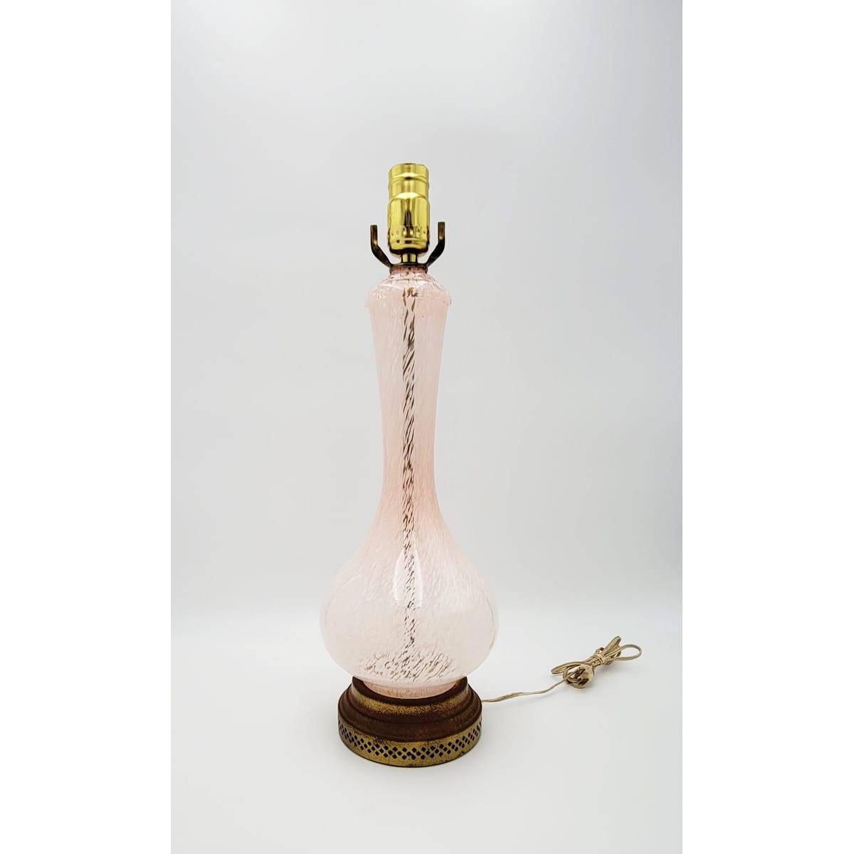 Vintage Murano Italy Lamp Lighting MCM Italian Brass and Murano Blown Glass Pink White Snow Flurry Table Lamp