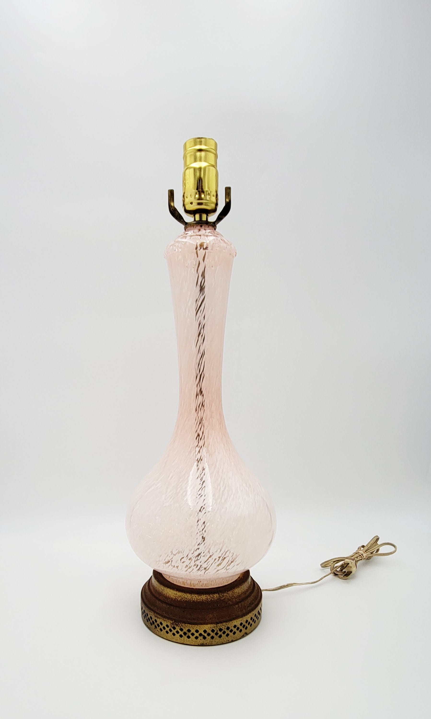 Vintage Murano Italy Lamp Lighting MCM Italian Brass and Murano Blown Glass Pink White Snow Flurry Table Lamp