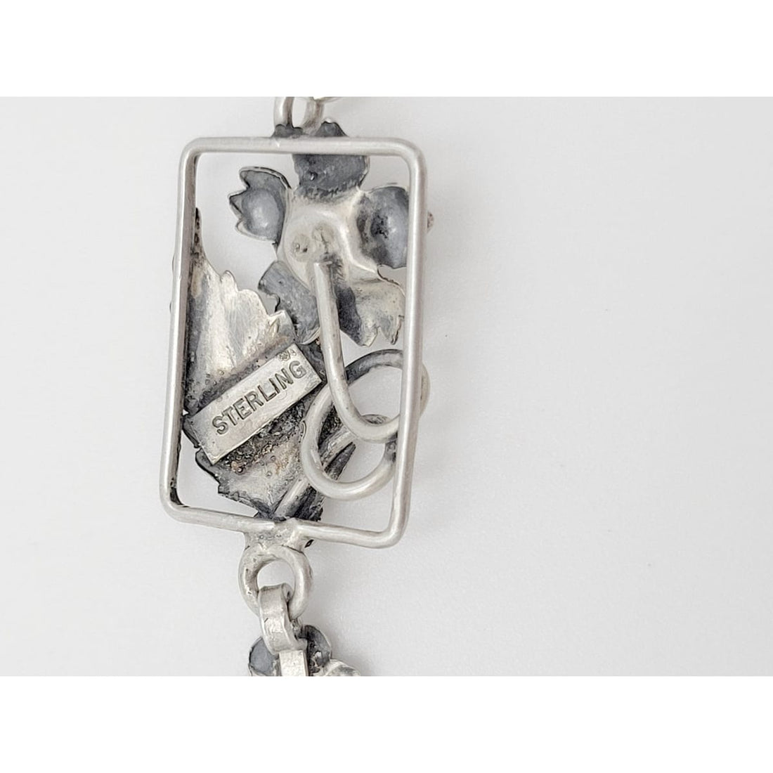 Vintage Sterling Bracelet Jewelry Art Deco Raised Relief Flora Fauna Sterling Silver Panel Links Bracelet 40/50s
