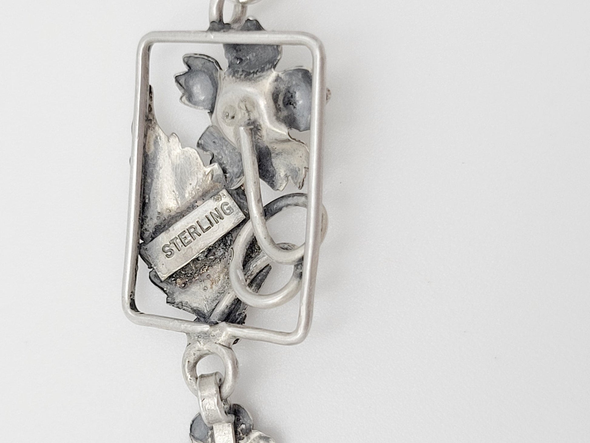 Vintage Sterling Bracelet Jewelry Art Deco Raised Relief Flora Fauna Sterling Silver Panel Links Bracelet 40/50s