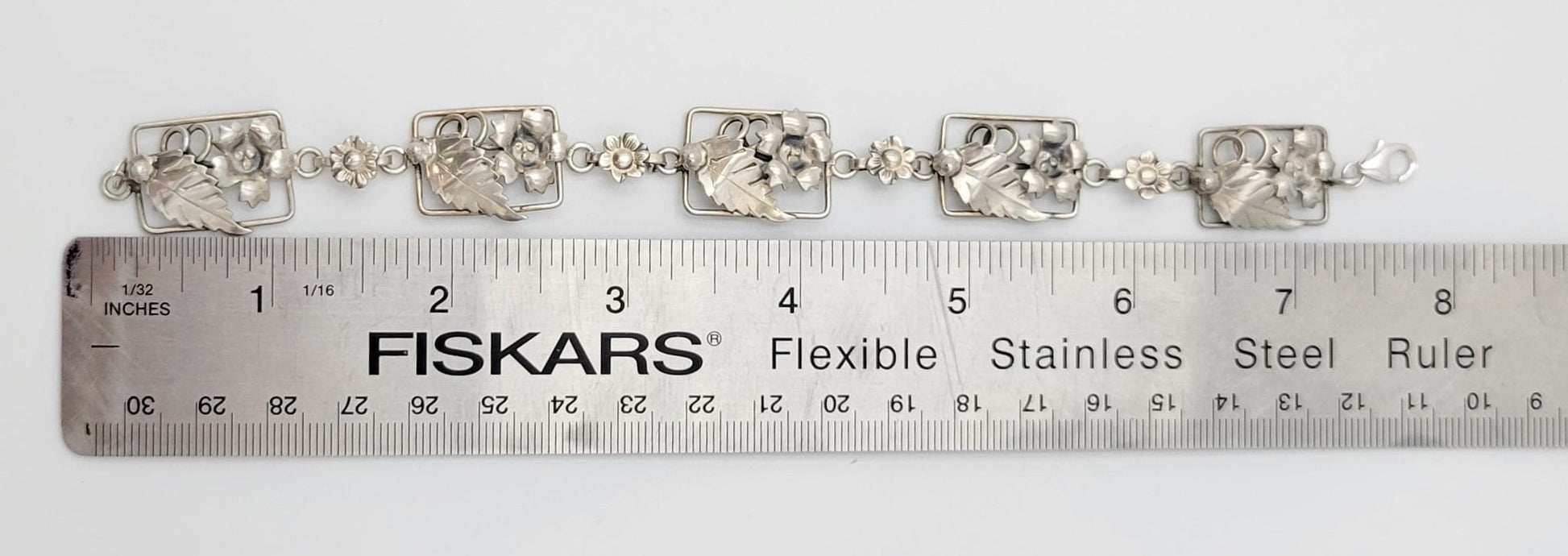 Vintage Sterling Bracelet Jewelry Art Deco Raised Relief Flora Fauna Sterling Silver Panel Links Bracelet 40/50s