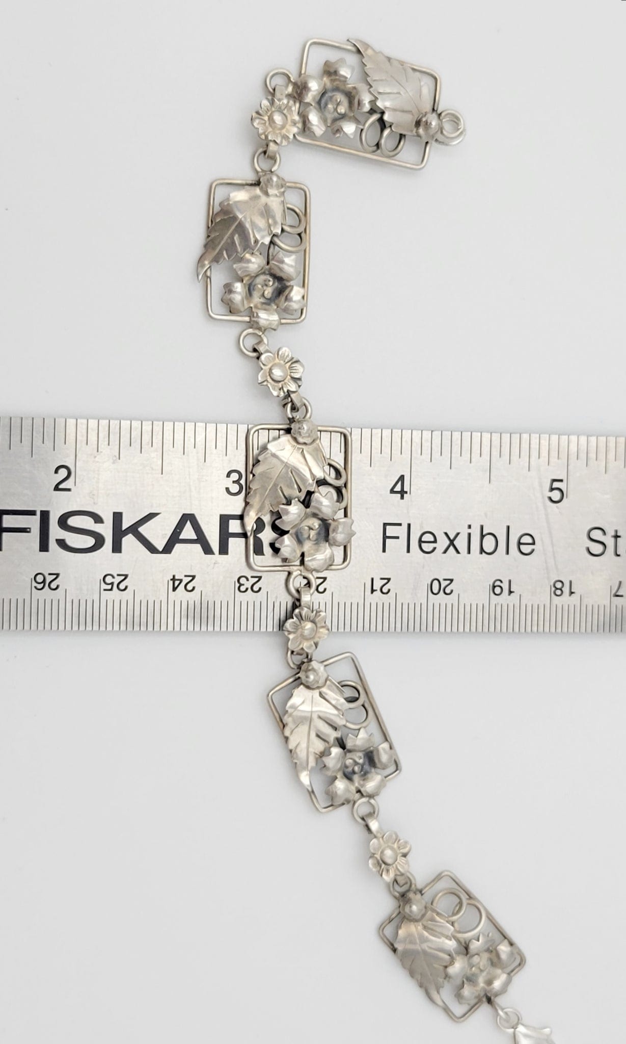 Vintage Sterling Bracelet Jewelry Art Deco Raised Relief Flora Fauna Sterling Silver Panel Links Bracelet 40/50s
