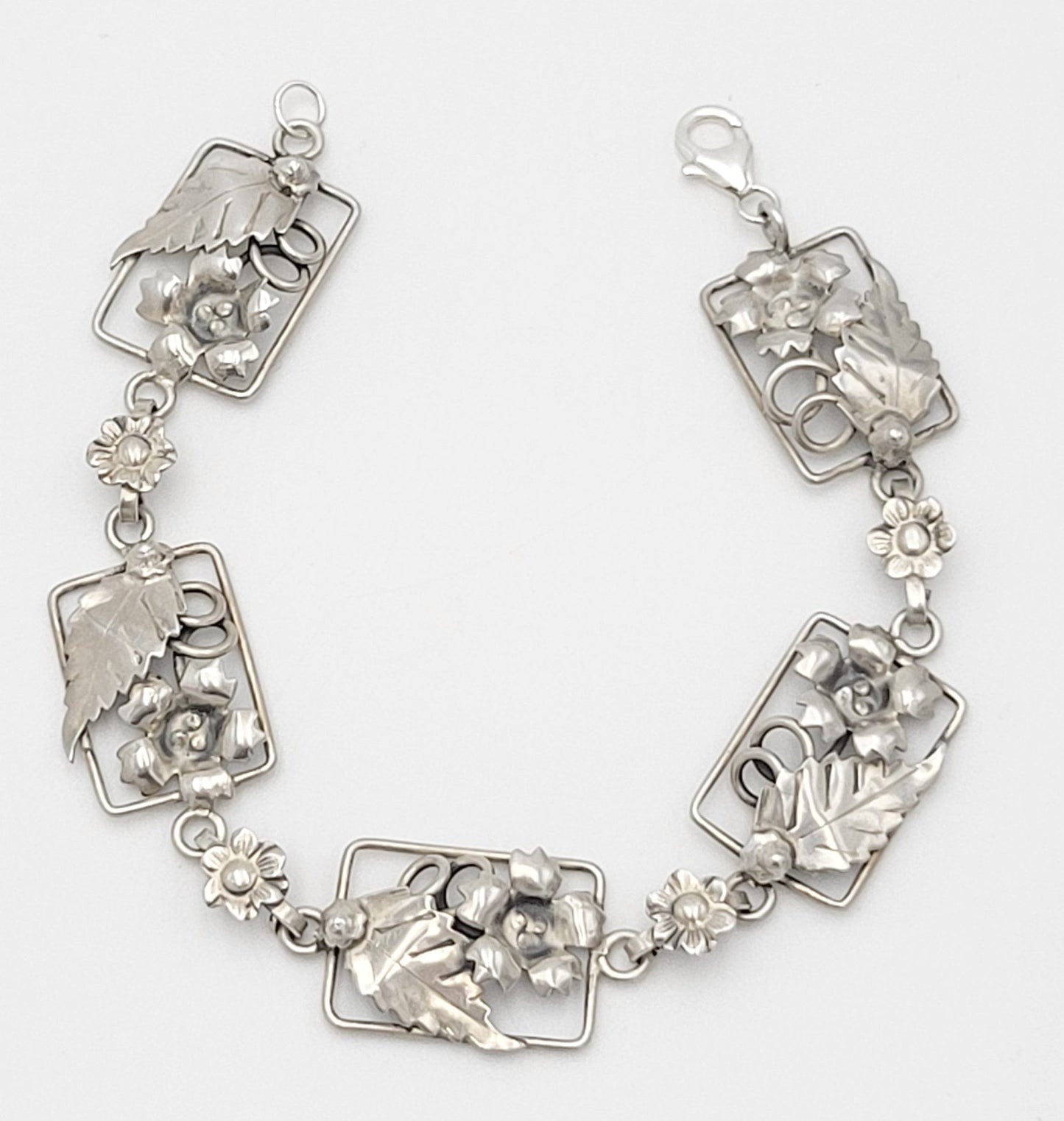 Vintage Sterling Bracelet Jewelry Art Deco Raised Relief Flora Fauna Sterling Silver Panel Links Bracelet 40/50s