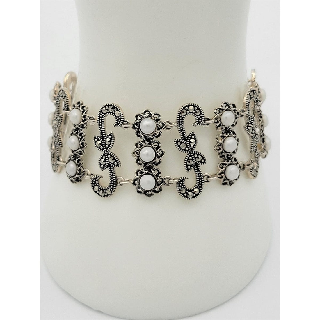 Vintage Sterling Bracelet Jewelry Superb Egyptian Sterling Marcasite Pearls Art Deco Revival Panel Links Bracelet