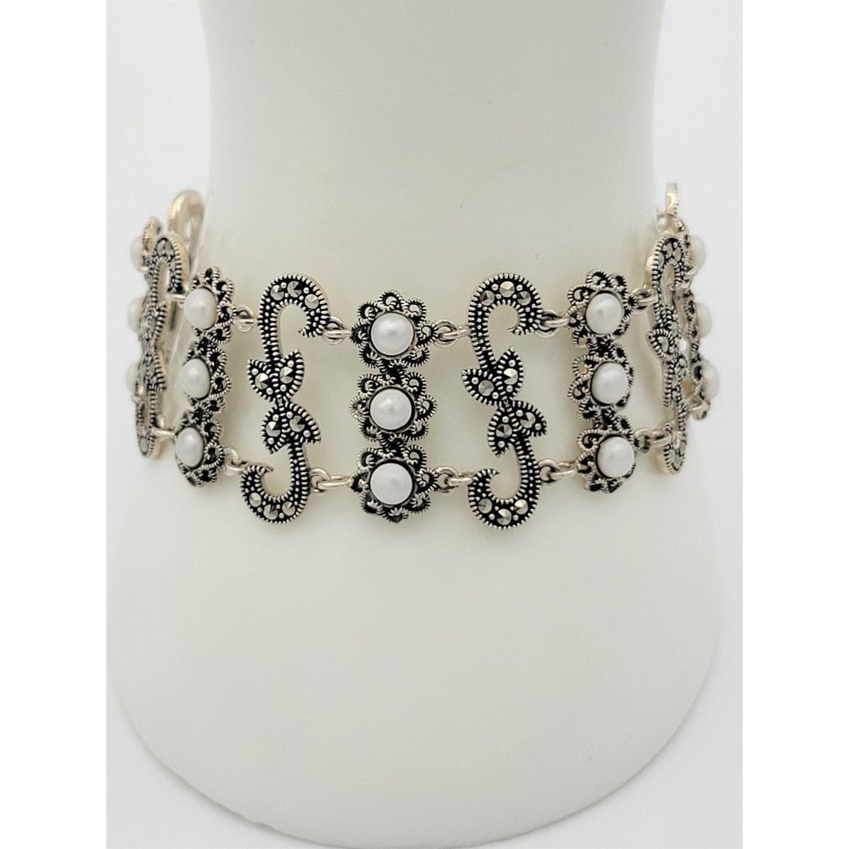 Vintage Sterling Bracelet Jewelry Superb Egyptian Sterling Marcasite Pearls Art Deco Revival Panel Links Bracelet