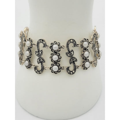 Vintage Sterling Bracelet Jewelry Superb Egyptian Sterling Marcasite Pearls Art Deco Revival Panel Links Bracelet
