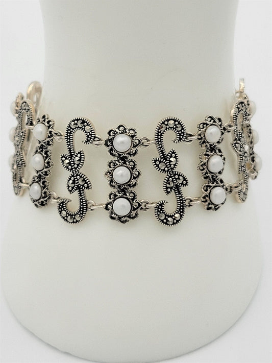 Vintage Sterling Bracelet Jewelry Superb Egyptian Sterling Marcasite Pearls Art Deco Revival Panel Links Bracelet